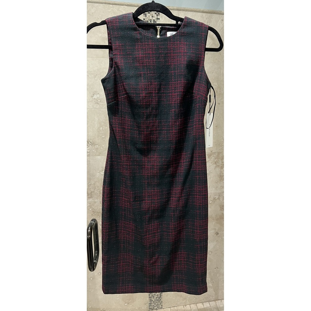 Calvin Klein Womens Red Black Plaid Sleeveless Sheath Dress CT7K76D5 Size 2